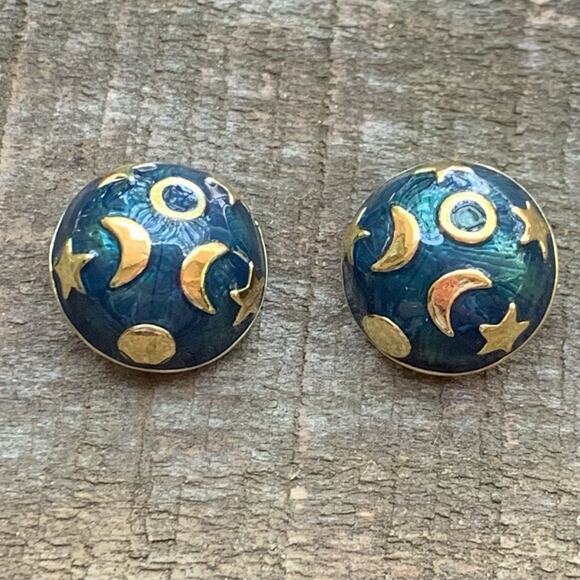 Kenneth Jane Lane (KJL) Earrings Celestial Enamel Blue & Gold Button Clip-Ons - Picture 11 of 11